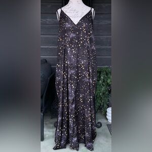 Van Winkle & Co Plus Size 2X Satin Maxi High Slit Slip Dress Star Print